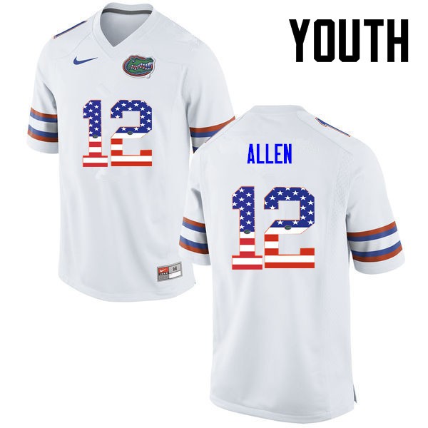 Florida Gators Youth #12 Jake Allen College Football USA Flag Fashion White